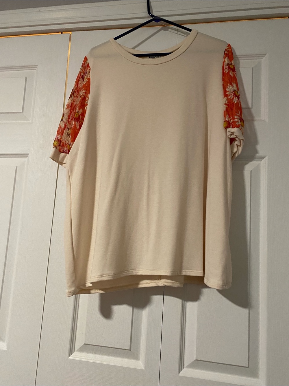 Cream Short Sleeve Tee with Orange Floral Sleeves